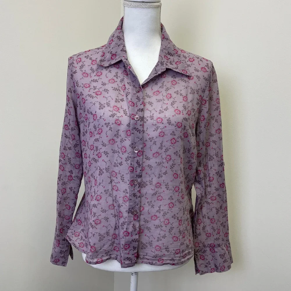 The Limited Purple Floral Cotton Button Down Shirt L Roll Tab Sleeve Hippie